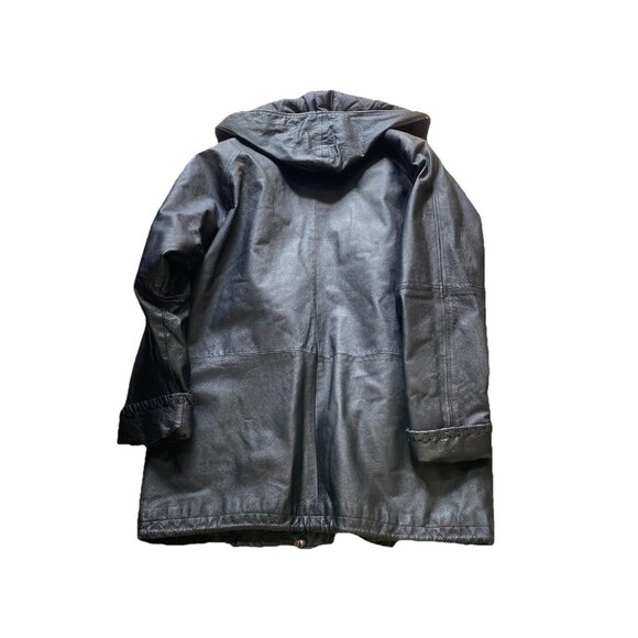 Vintage Jacqueline Ferrar Coat Boxy Leather Large Hooded Womens Black Unisex - Picture 2 of 9